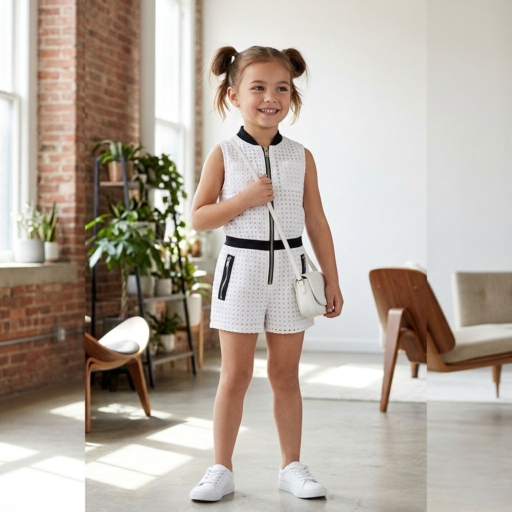 Unbranded Romper Kids 6 White Excellent Eyelet Lace Zip Front Sporty Chic